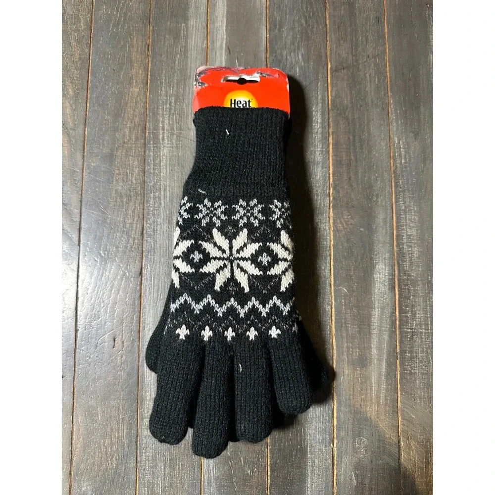 Heat Holders Womens Thermal Gloves Black Nordic Snowflake Fair Isle Knit M/L NEW